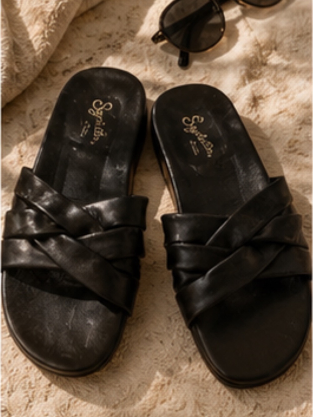 Seychelles Black Leather Crisscross Slide Sandals